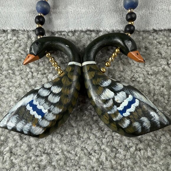 Wood Duck Geese Statement Necklace Beaded Shell Accents Hand Painted Vintage - Picture 5 of 16